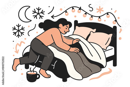 Warm Winter Bedtime. Winter bedtime. Thick blankets, fluffy pillows, and soft glowing lights around the bed. A