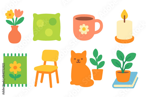 “Home decor, cozy vibe flat icon set. Plant, flower, candle, coffee cup icons collection”