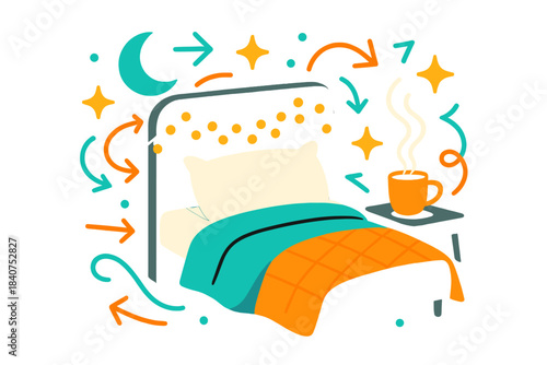 Cozy Night Ambiance. Nighttime comfort. A neatly made bed surrounded by glowing fairy lights and a steaming