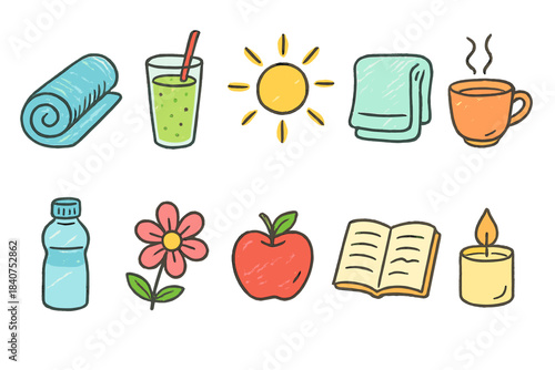 Wellness, health linear icon set. Relaxation, yoga, meditation line art collection