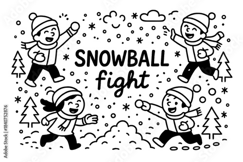 Playful Snowball Fight. Snowball fight. Hand-drawn doodle illustration of snowball fight. Kids throwing