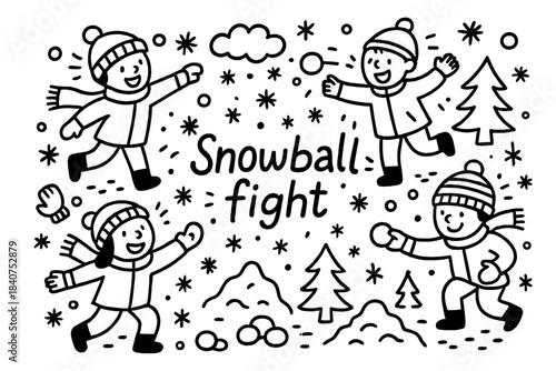 Playful Snowball Fight. Snowball fight. Hand-drawn doodle illustration of snowball fight. Kids throwing