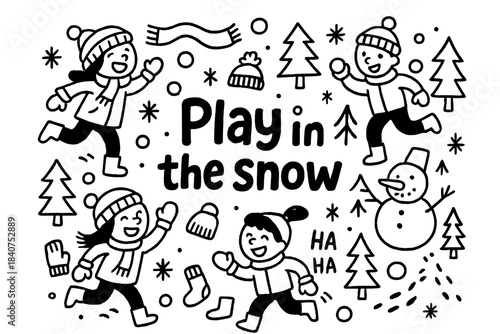 Snowy Playtime Doodle. Play in the snow. Hand-drawn doodle illustration of play in the snow. Snowballs,