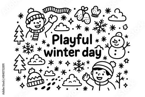 Playful Winter Doodles. Playful winter day. Hand-drawn doodle illustration of playful winter day. Snowballs,