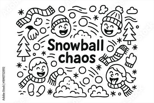 Snowball Doodle Chaos. Snowball chaos. Hand-drawn doodle illustration of snowball chaos. Snowballs flying,