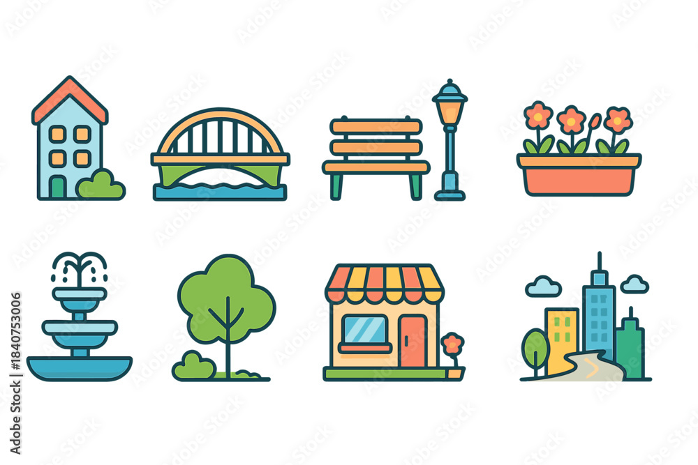 Fototapeta premium Cityscape and park outline icon set. Urban and nature icons outline collection