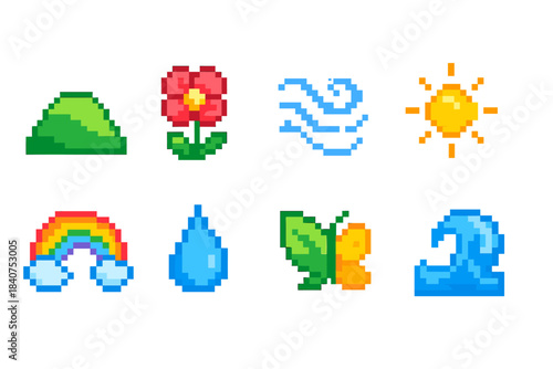 Nature, elements pixel icon set. Retro, environment, weather symbols in pixelated style