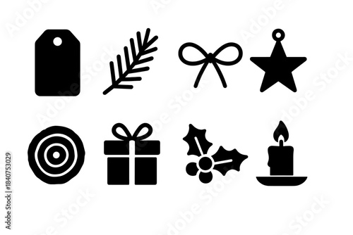 Rustic Christmas Icons. Rustic Christmas. Filled icon set of rustic Christmas: kraft paper tag, pine branch,