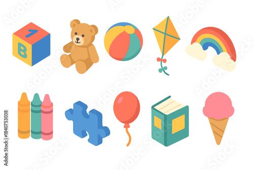 Children's toys, games 3d icon set. Fun playtime toys icons for kids in 3d style