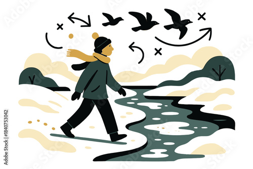 Serene Winter Walk. Frozen stillness. Lone figure walking near a river covered with thin ice and snowdrifts,