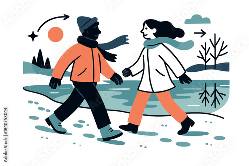 Winter River Stroll. Walking by frozen riverbanks. Two people strolling beside a frozen river under pale