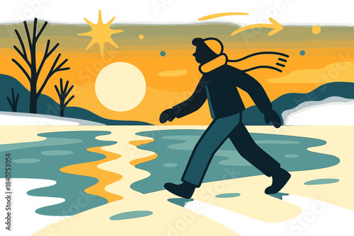 Frozen River Solitude. Quiet horizon. Silhouette of a person walking alone by the frozen river at sunset, warm