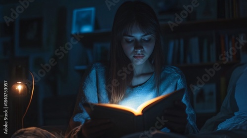 Cozy young woman reading with flashlight