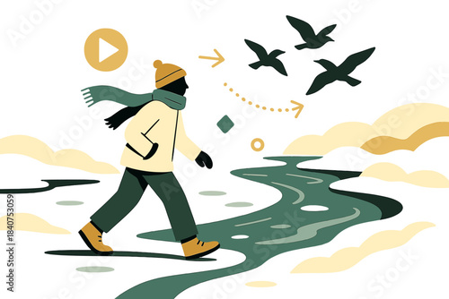 Serene Winter Walk. Frozen stillness. Lone figure walking near a river covered with thin ice and snowdrifts,