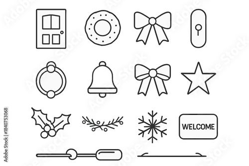 Holiday Door Icons. Holiday Door. Line outline icon set of Holiday Door: door outline, wreath, bow, handle,