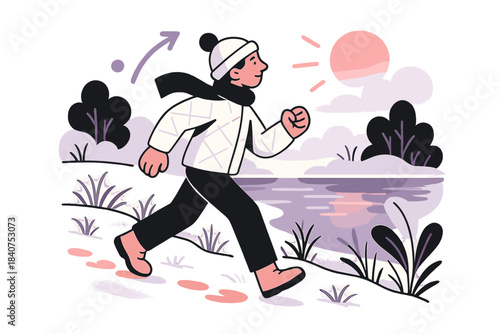 Frosty Morning Walk. Morning frost. Early riser walking by the frozen bank as soft mist hovers over the water.