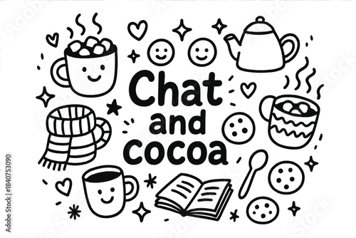 Chat and Cocoa. Chat and cocoa. Hand-drawn doodle illustration of chat and cocoa. Hot chocolate mugs,