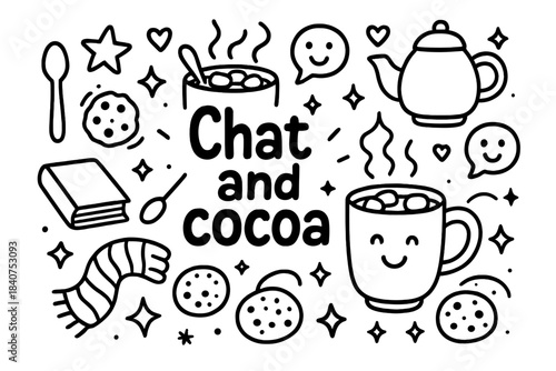 Chat and Cocoa. Chat and cocoa. Hand-drawn doodle illustration of chat and cocoa. Hot chocolate mugs,