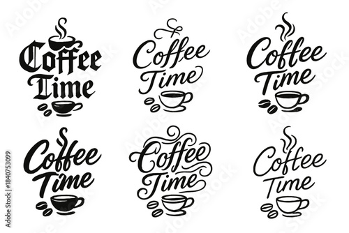 Coffee Calligraphy Styles. Coffee Time. Create a calligraphy lettering illustration of the phrase: Coffee Time