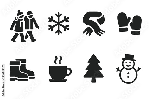 Winter Friendship Icons. Winter friendship. Filled icon set of winter friendship: friends walking together,