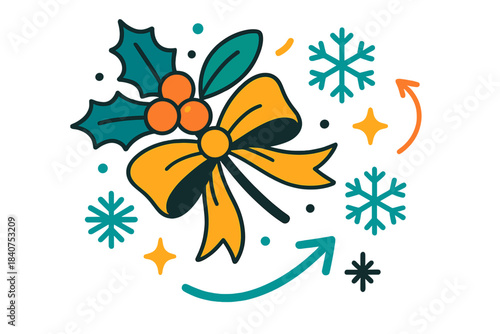 Festive Holly Decoration. Christmas corner. Stylized holly branch tucked into a ribbon bow, soft snowflakes