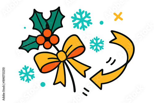 Festive Holly Decoration. Christmas corner. Stylized holly branch tucked into a ribbon bow, soft snowflakes