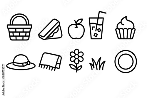 Picnic, outdoor activity outline icon set. Summer, food, nature icons outline collection