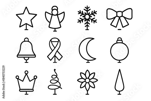 Holiday Tree Topper Icons. Holiday Tree Toppers. Line outline icon set of Holiday Tree Toppers: star, angel,