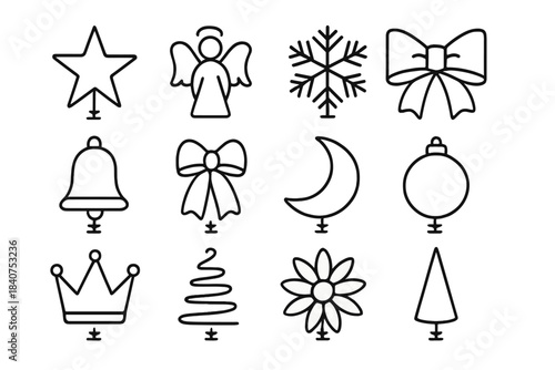Holiday Tree Topper Icons. Holiday Tree Toppers. Line outline icon set of Holiday Tree Toppers: star, angel,