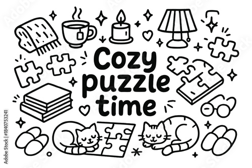 Cozy Puzzle Doodle. Cozy puzzle time. Hand-drawn doodle illustration of cozy puzzle time. Puzzle pieces, tea