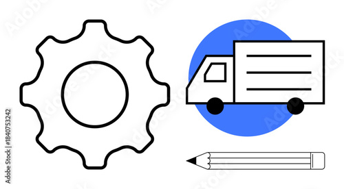 Industry, logistics, creativity, planning, design, automation. Gear, truck with blue circle pencil. Industry and logistics are highlighted through the gear and truck illustration