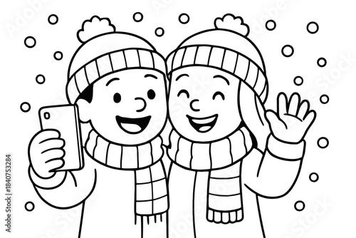 Winter Selfie Coloring Page. Winter selfie moment children?s coloring book illustration, outlined drawing,