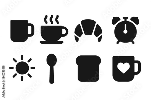 Morning Coffee Icons. Morning coffee. Filled icon set of morning coffee: coffee mug, steaming cup, croissant,