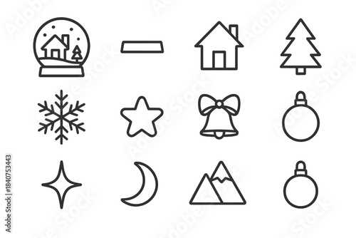 Holiday Keepsake Icons. Holiday Keepsake. Line outline icon set of Holiday Keepsake: snow globe, base, cabin,