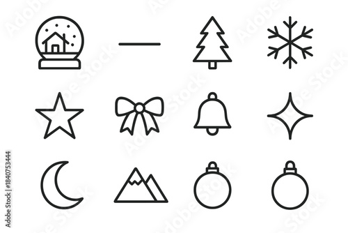 Holiday Keepsake Icons. Holiday Keepsake. Line outline icon set of Holiday Keepsake: snow globe, base, cabin,