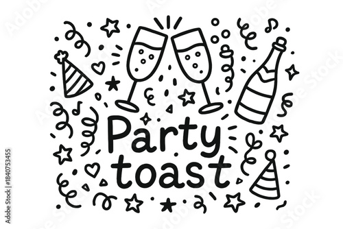 Party Celebration Doodles. Party toast. Hand-drawn doodle illustration of party toast. Two flutes, champagne