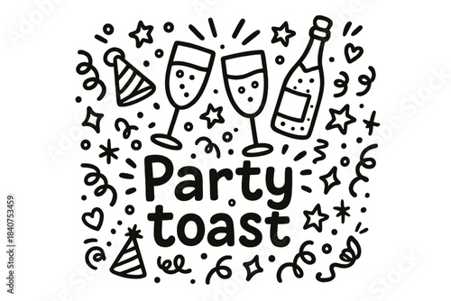 Party Celebration Doodles. Party toast. Hand-drawn doodle illustration of party toast. Two flutes, champagne