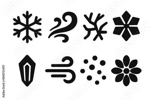 Winter Icon Set. Winter patterns. Filled icon set of winter patterns: snowflake, frost swirl, icy texture,