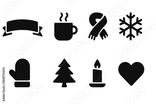 Winter Icon Set. Winter messages. Filled icon set of winter messages: ribbon banner, coffee cup, scarf,