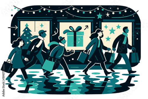 Festive Street Reflection. Holiday street view. Series of glowing shop windows reflected in icy puddles.