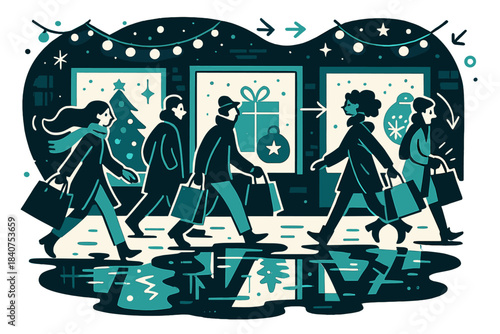 Festive Street Reflection. Holiday street view. Series of glowing shop windows reflected in icy puddles.