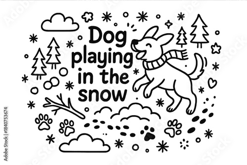 Snowy Playful Pup. Dog playing in the snow. Hand-drawn doodle illustration of dog playing in the snow. Happy