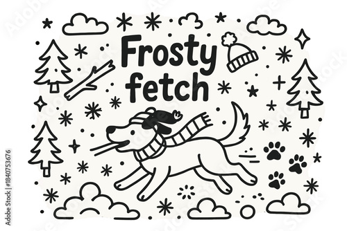 Frosty Fetch Illustration. Frosty fetch. Hand-drawn doodle illustration of frosty fetch. Dog running, stick,