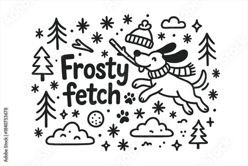 Frosty Fetch Illustration. Frosty fetch. Hand-drawn doodle illustration of frosty fetch. Dog running, stick,