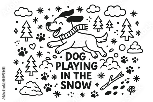 Snowy Playful Pup. Dog playing in the snow. Hand-drawn doodle illustration of dog playing in the snow. Happy