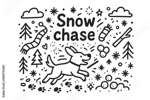 Snowy Dog Adventure. Snow chase. Hand-drawn doodle illustration of snow chase. Running dog, snowflakes, flying