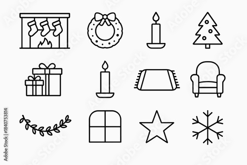 Christmas Icon Set. Christmas Fireplace. Line outline icon set of Christmas Fireplace: fireplace, stockings,