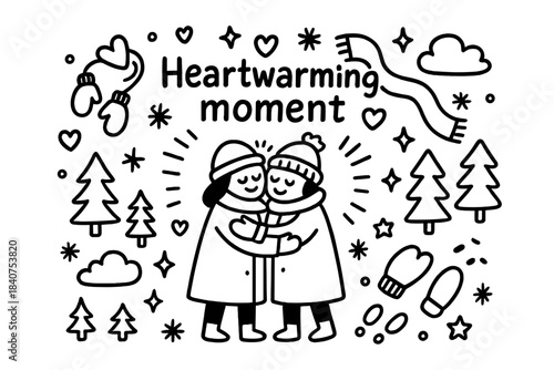 Heartfelt Hug. Heartwarming moment. Hand-drawn doodle illustration of heartwarming moment. Two figures in