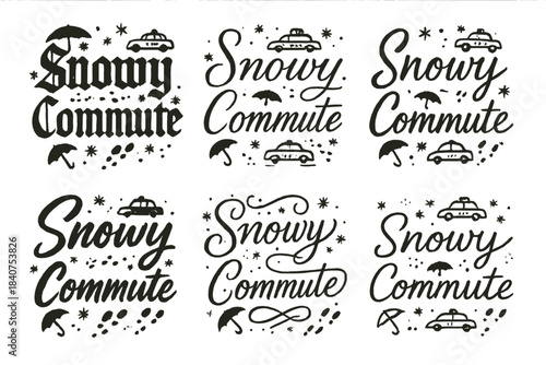 Calligraphy Snow Scene. Snowy Commute. Create a calligraphy lettering illustration of the phrase: Snowy