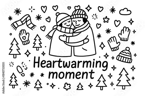 Heartfelt Hug. Heartwarming moment. Hand-drawn doodle illustration of heartwarming moment. Two figures in